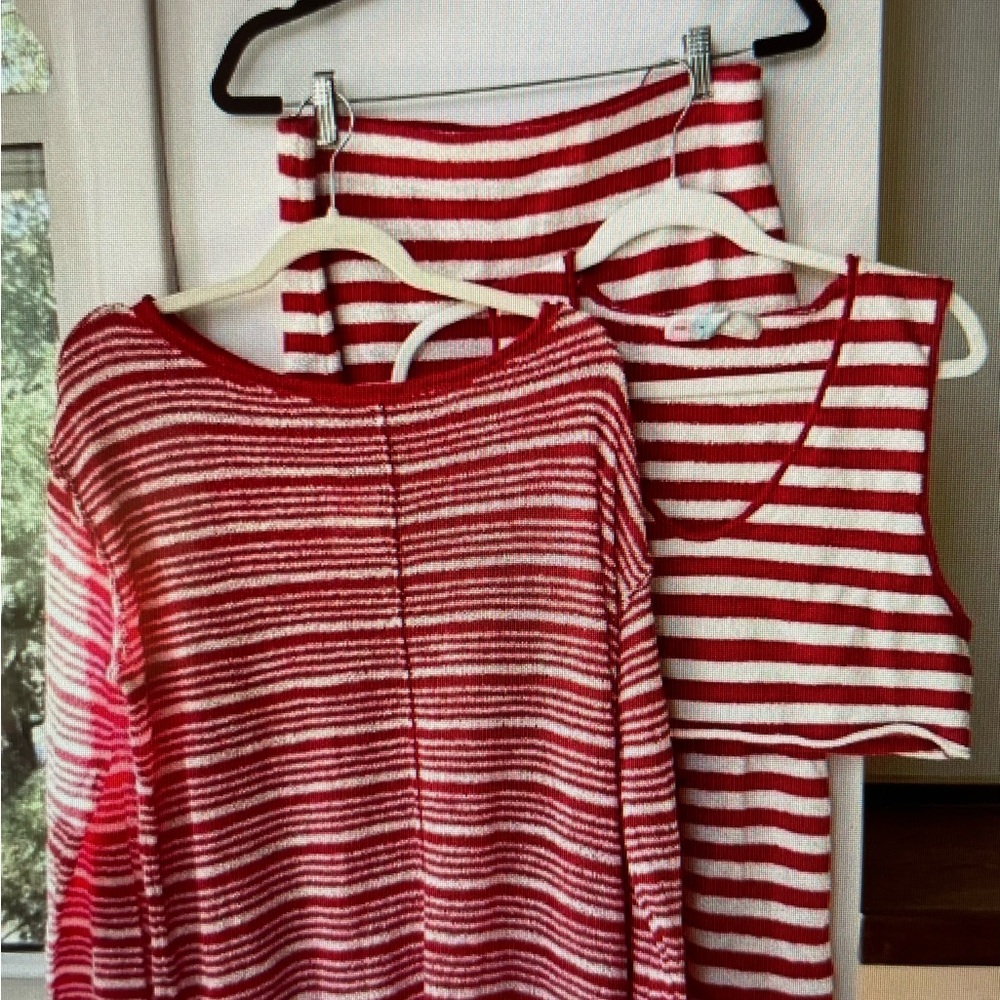 Free People Bailey 3 piece set skirt top and sweater red white striped worn once